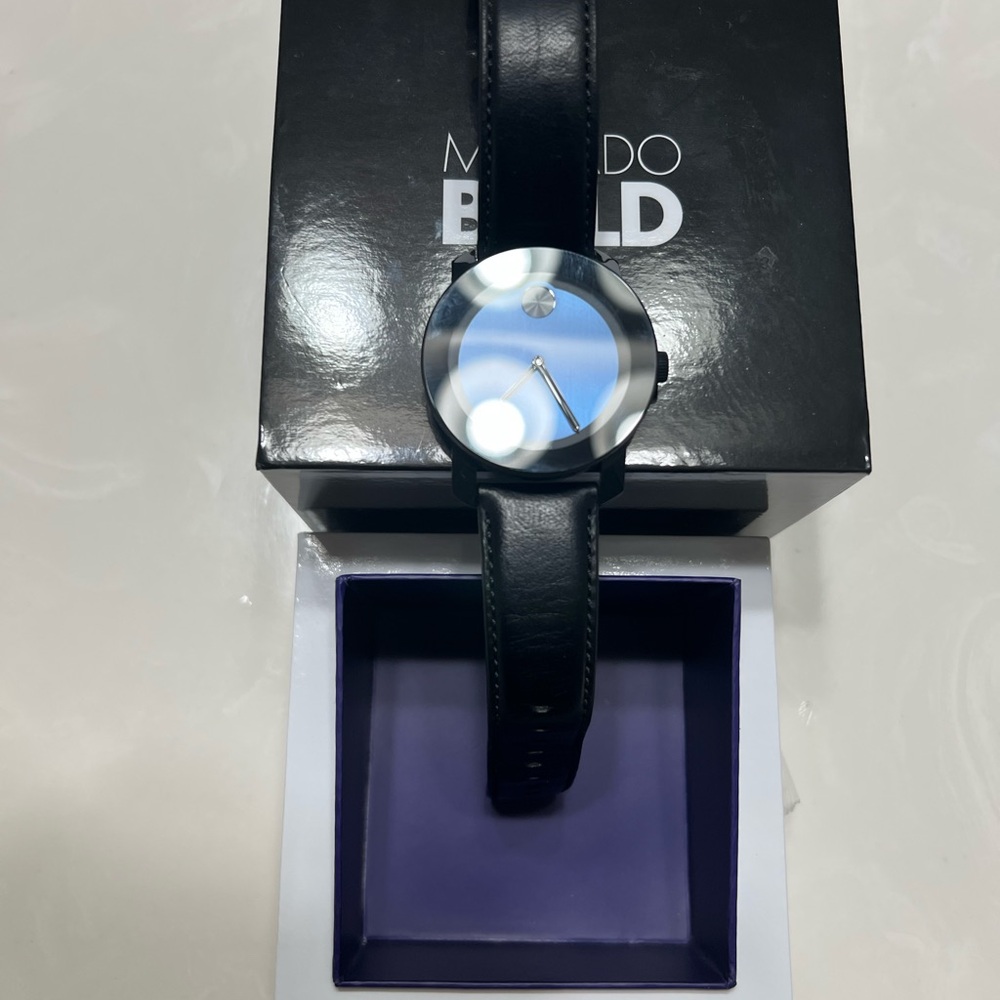 Movado BOLD Dark Blue Dial Men's Black Leather Band Wrist Watch MB.01.1.29.6003
